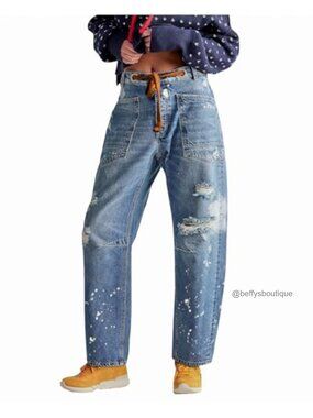 Women's Barrel Jeans Mid Rise Drawstring Wide Leg Denim Pants